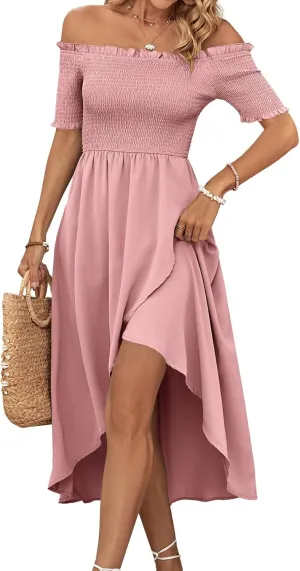 Umenlele Women's Off Shoulder Smocked Wrap Asymmetric Swing Hem Short Sleeve Summer Midi Dress
