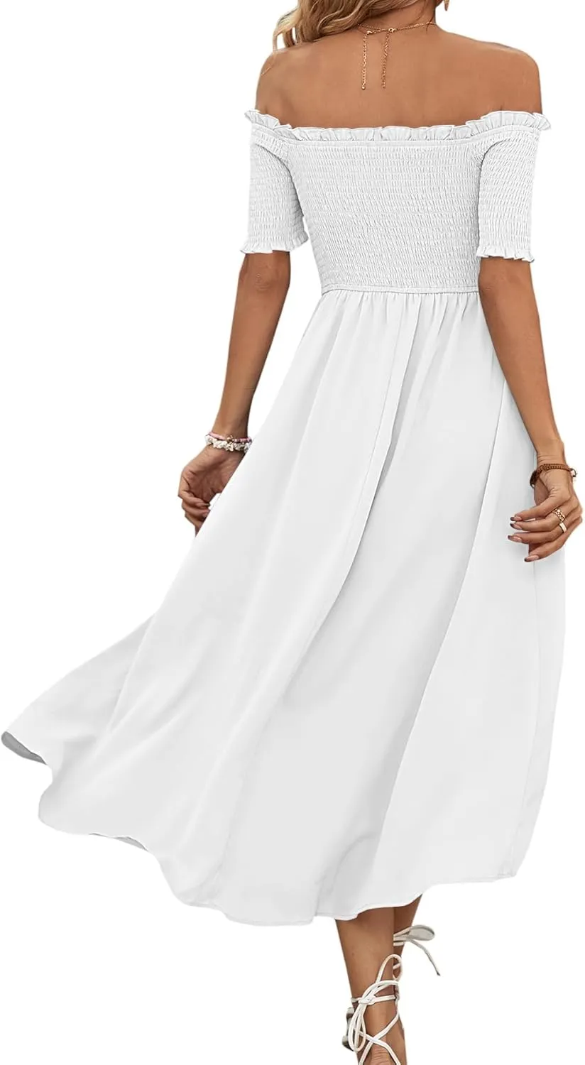 Umenlele Women's Off Shoulder Smocked Wrap Asymmetric Swing Hem Short Sleeve Summer Midi Dress
