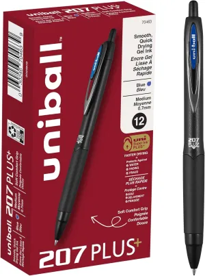uniball 207 Plus  Retractable Gel Pens 12 Pack in Blue with 0.7mm Medium Point Pen Tips - Uni-Super Ink  is Smooth, Vibrant, and Protects Against Water, Fading, and Fraud