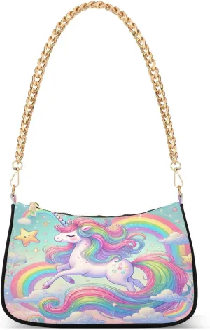 Unicorn Stars Rainbow Shoulder Bag Tote Handbag Clutch Purse Chain Small Purses for Women with Zipper Closure Gift