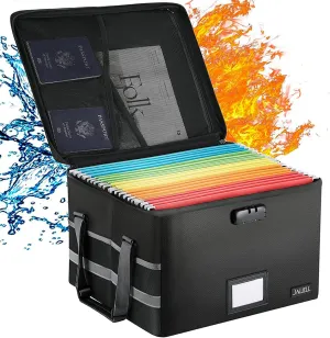 Upgraded Fireproof Document Box File Organizer with Lock, Portable File Cabinet Box Storage Filing Cabinet with Adjustable Handle for Home Office for Hanging Letter/Legal Folder, Black