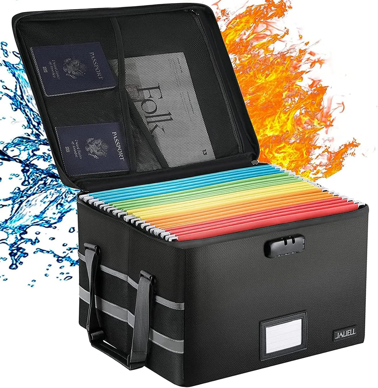 Upgraded Fireproof Document Box File Organizer with Lock, Portable File Cabinet Box Storage Filing Cabinet with Adjustable Handle for Home Office for Hanging Letter/Legal Folder, Black