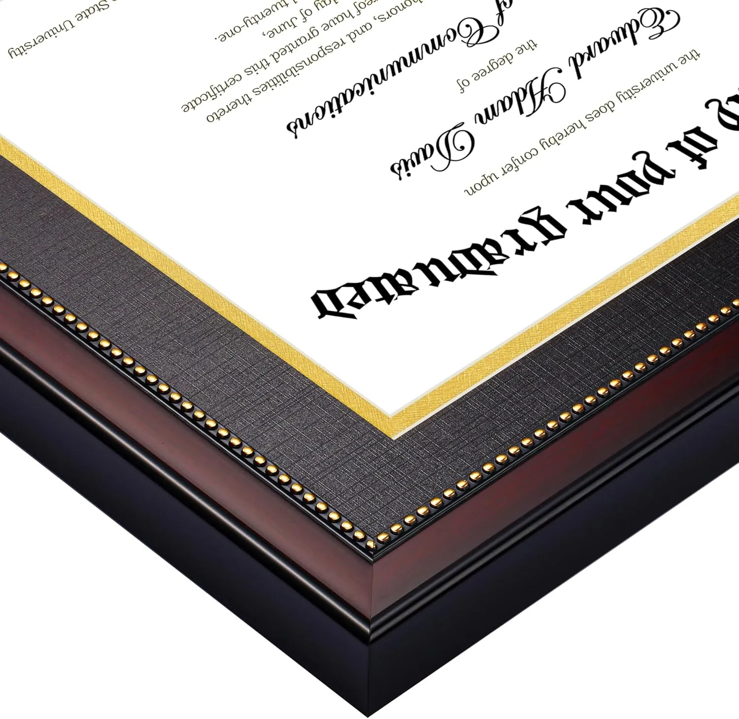 upsimples 11x14 Diploma Frame with High Definition Glass, Display 8.5x11 Certificate with Black over Gold Mat, Degree Document Frame for Wall and Tabletop, Mahogany with Gold Beads, 1 Pack