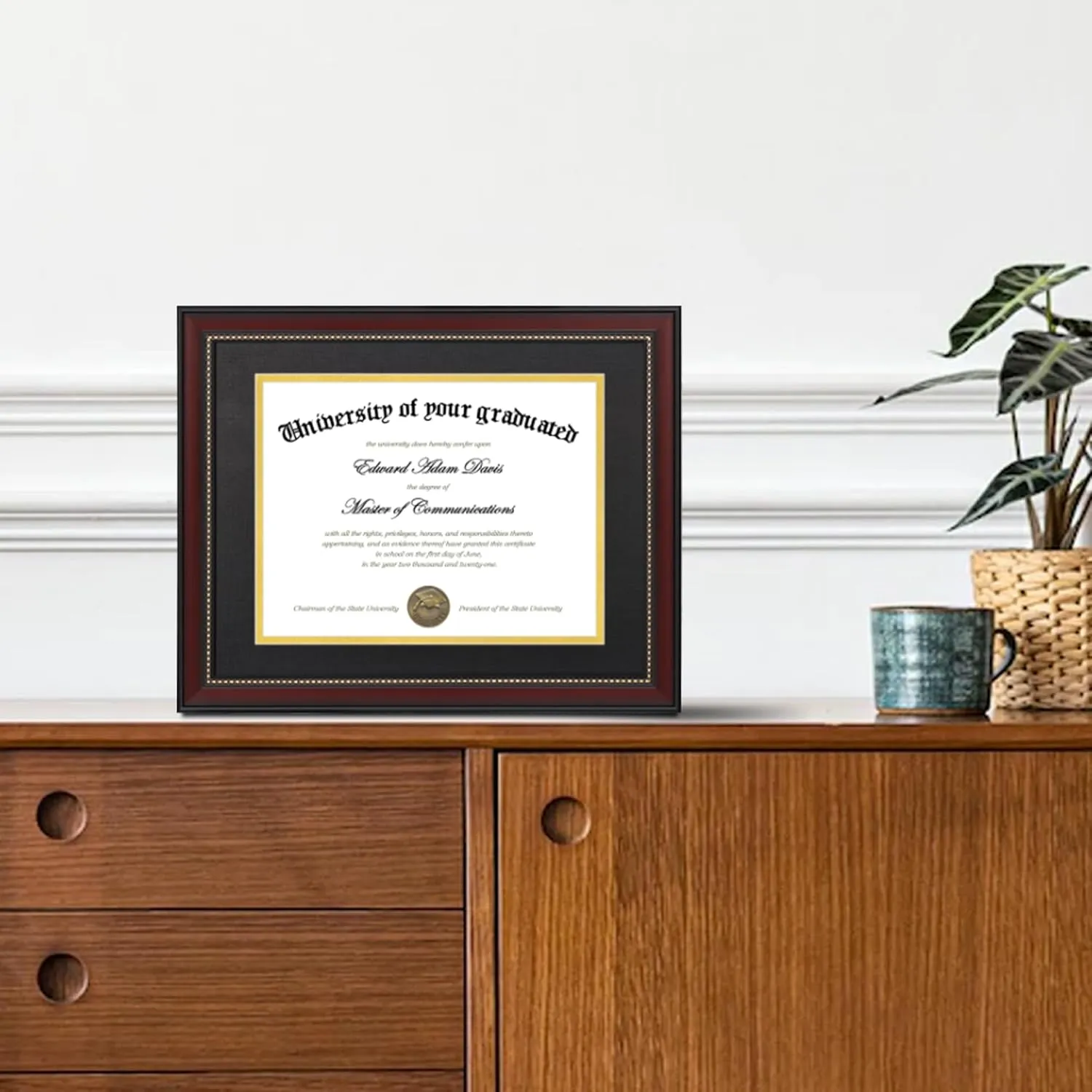 upsimples 11x14 Diploma Frame with High Definition Glass, Display 8.5x11 Certificate with Black over Gold Mat, Degree Document Frame for Wall and Tabletop, Mahogany with Gold Beads, 1 Pack