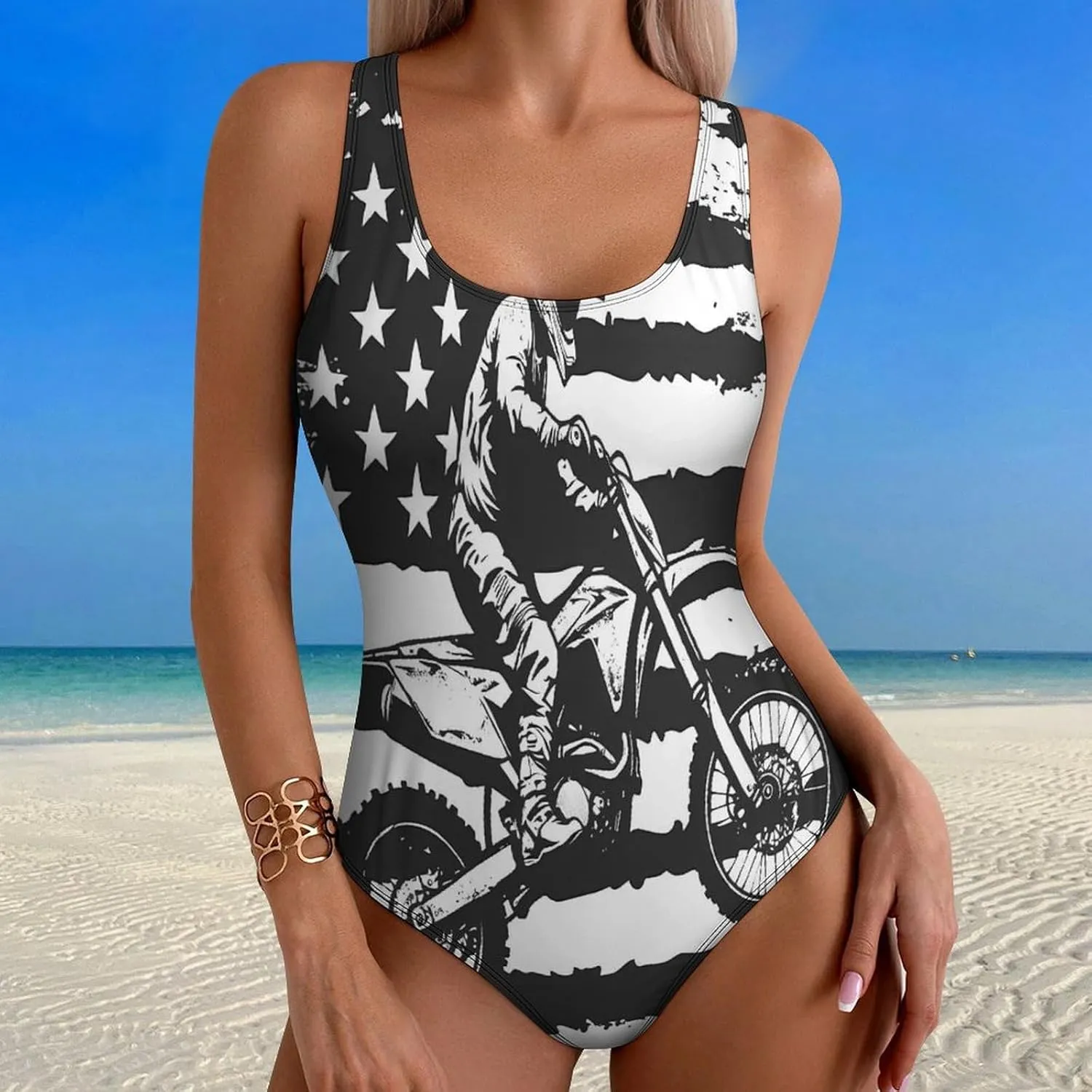 U.S.A Flag Motocross Rider Dirt Bike One Piece Bathing Suit for Women Sexy Beach Swimsuit