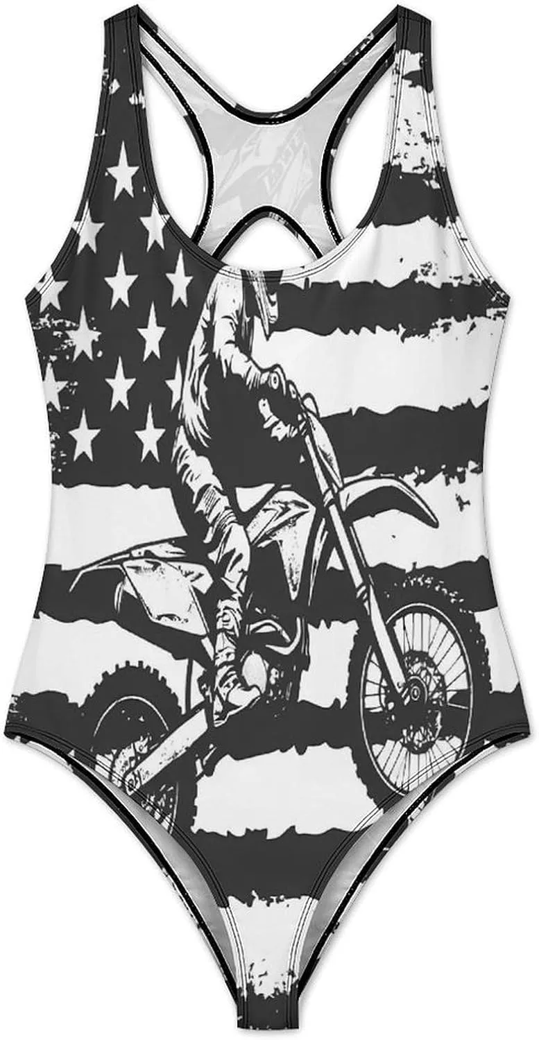 U.S.A Flag Motocross Rider Dirt Bike One Piece Bathing Suit for Women Sexy Beach Swimsuit