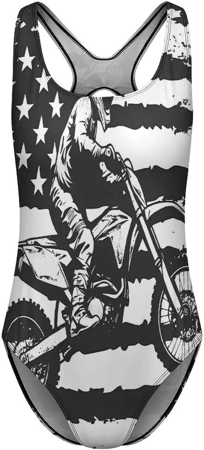 U.S.A Flag Motocross Rider Dirt Bike One Piece Bathing Suit for Women Sexy Beach Swimsuit