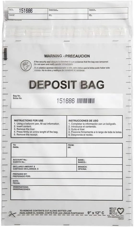 USPACKSMART Opaque Plastic Deposit Bags 9"x12" | Secure Bank Deposits, Cash Handling or Safe Currency Transportation | Sequential Barcodes | Tamper-Evident | Tear-Off Receipt for Security | 100-Pack