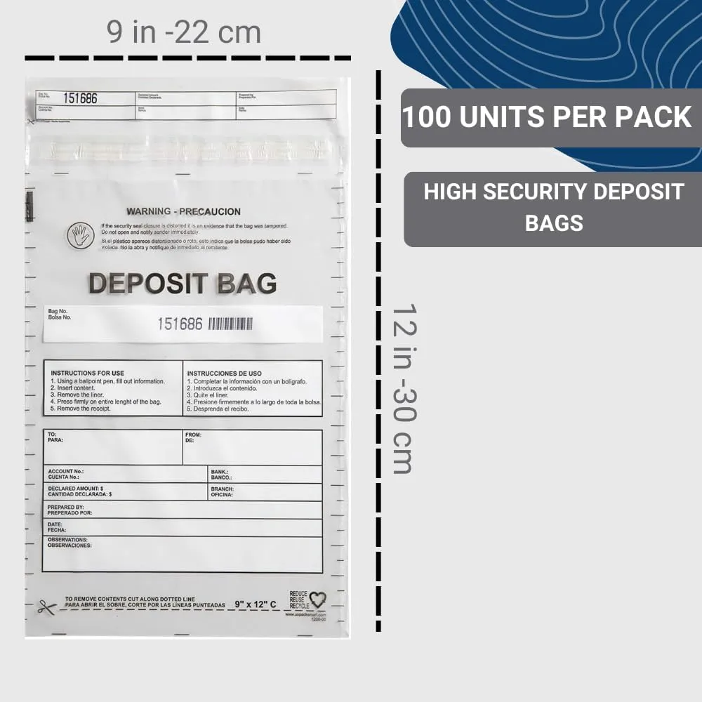 USPACKSMART Opaque Plastic Deposit Bags 9"x12" | Secure Bank Deposits, Cash Handling or Safe Currency Transportation | Sequential Barcodes | Tamper-Evident | Tear-Off Receipt for Security | 100-Pack