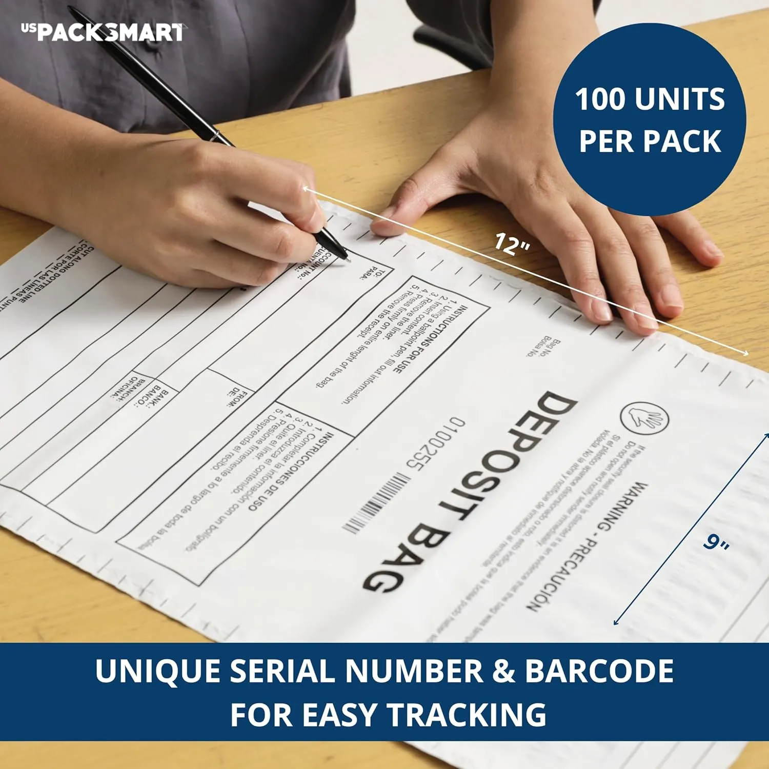 USPACKSMART Opaque Plastic Deposit Bags 9"x12" | Secure Bank Deposits, Cash Handling or Safe Currency Transportation | Sequential Barcodes | Tamper-Evident | Tear-Off Receipt for Security | 100-Pack