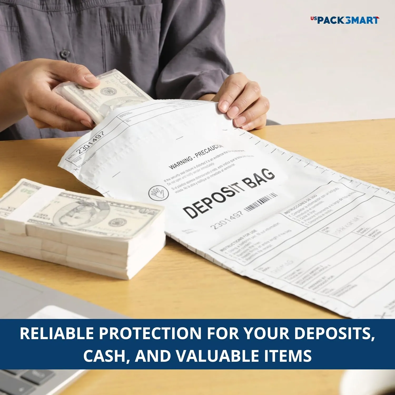USPACKSMART Opaque Plastic Deposit Bags 9"x12" | Secure Bank Deposits, Cash Handling or Safe Currency Transportation | Sequential Barcodes | Tamper-Evident | Tear-Off Receipt for Security | 100-Pack