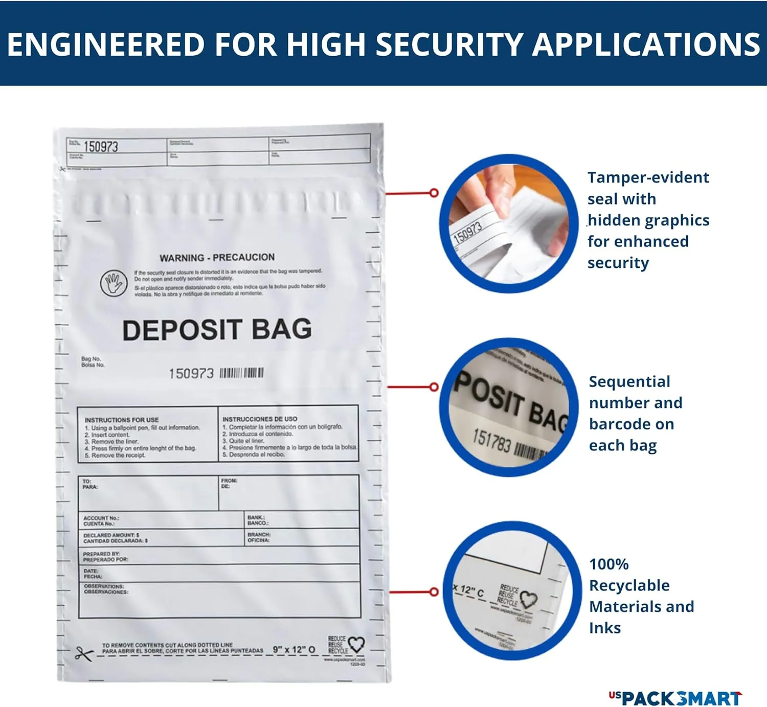 USPACKSMART Opaque Plastic Deposit Bags 9"x12" | Secure Bank Deposits, Cash Handling or Safe Currency Transportation | Sequential Barcodes | Tamper-Evident | Tear-Off Receipt for Security | 100-Pack