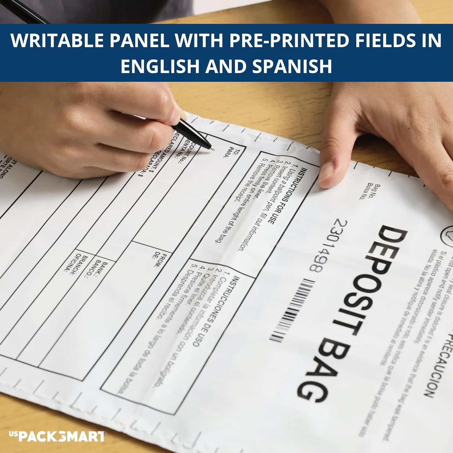 USPACKSMART Opaque Plastic Deposit Bags 9"x12" | Secure Bank Deposits, Cash Handling or Safe Currency Transportation | Sequential Barcodes | Tamper-Evident | Tear-Off Receipt for Security | 100-Pack
