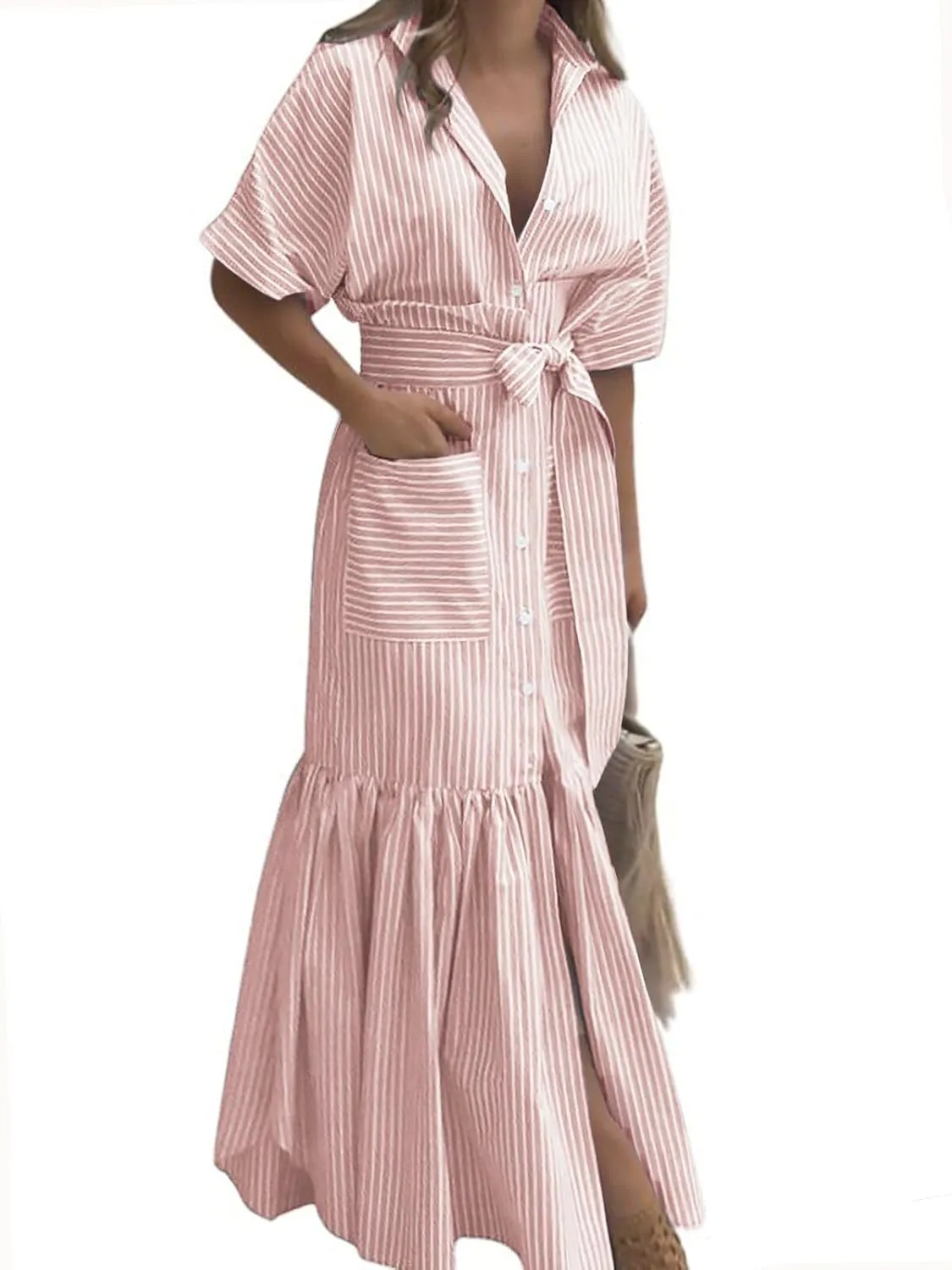 utcoco Women's 2025 Summer Casual Striped Button Down Maxi Dress Tie Waist Short Sleeve Shirt Dress with Pockets