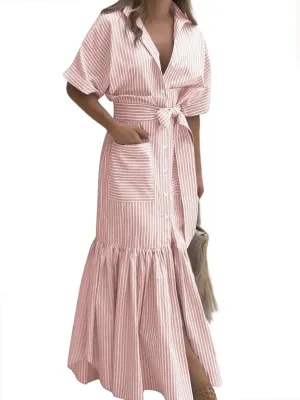 utcoco Women's 2025 Summer Casual Striped Button Down Maxi Dress Tie Waist Short Sleeve Shirt Dress with Pockets