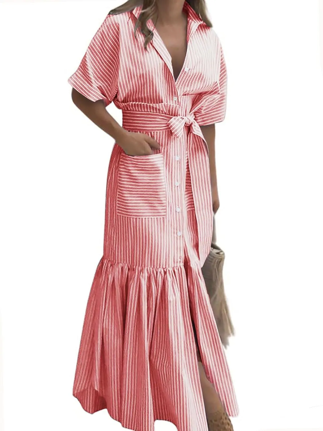 utcoco Women's 2025 Summer Casual Striped Button Down Maxi Dress Tie Waist Short Sleeve Shirt Dress with Pockets