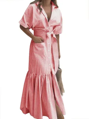 utcoco Women's 2025 Summer Casual Striped Button Down Maxi Dress Tie Waist Short Sleeve Shirt Dress with Pockets