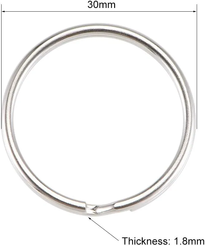 uxcell Split Key Ring 30mm Open Jump Connector for Lanyard Zipper Handbag, Nickel Plated Iron, Pack of 50