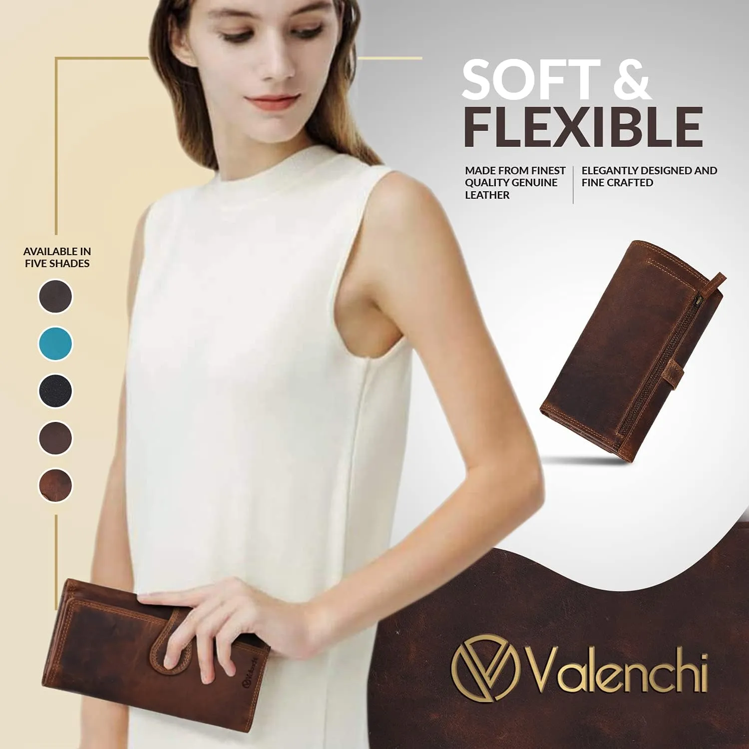 VALENCHI Wallet For Women - Small Leather Women's Wallet - Ladies Hand Clutch Purse - Travel - Credit Card Holder