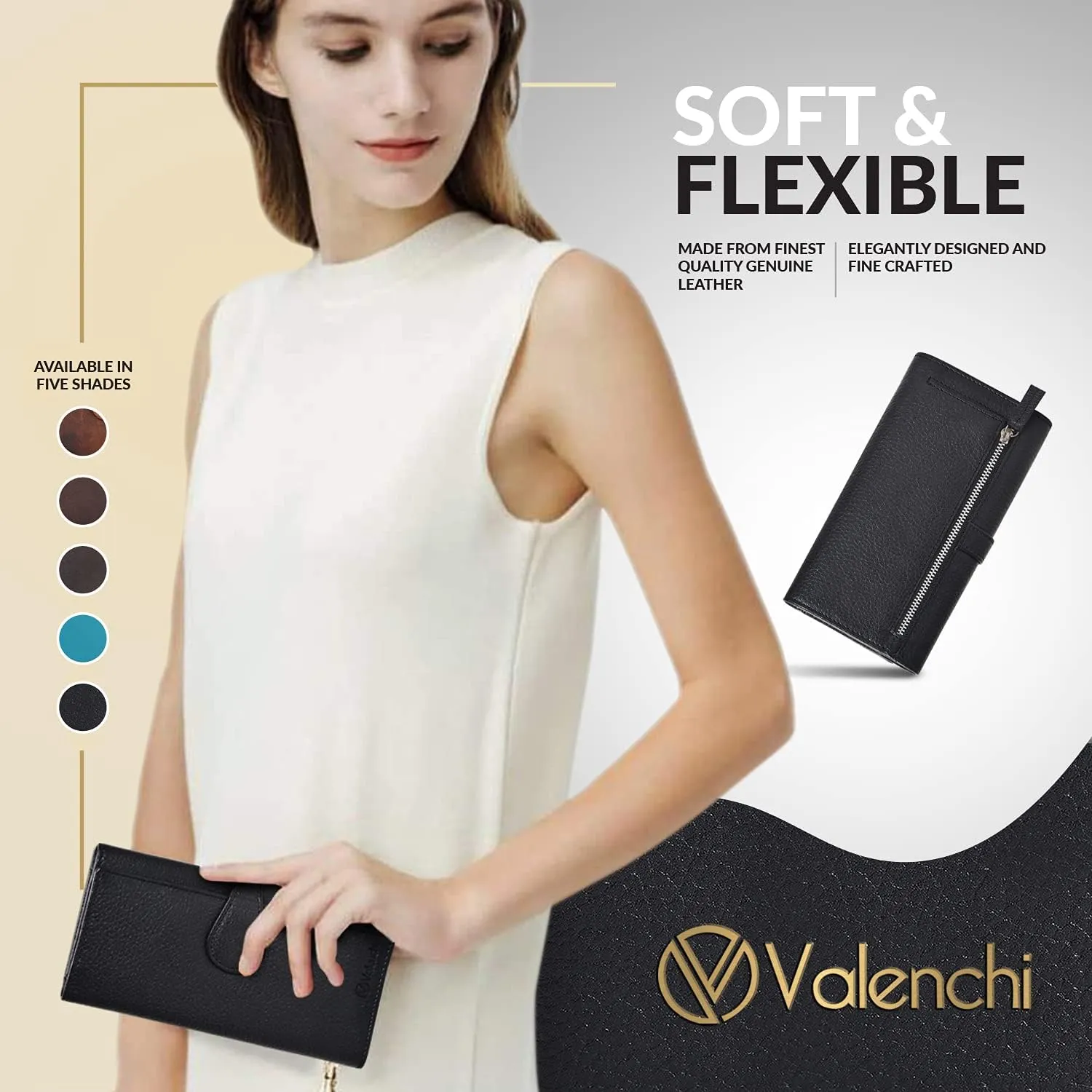 VALENCHI Wallet For Women - Small Leather Women's Wallet - Ladies Hand Clutch Purse - Travel - Credit Card Holder