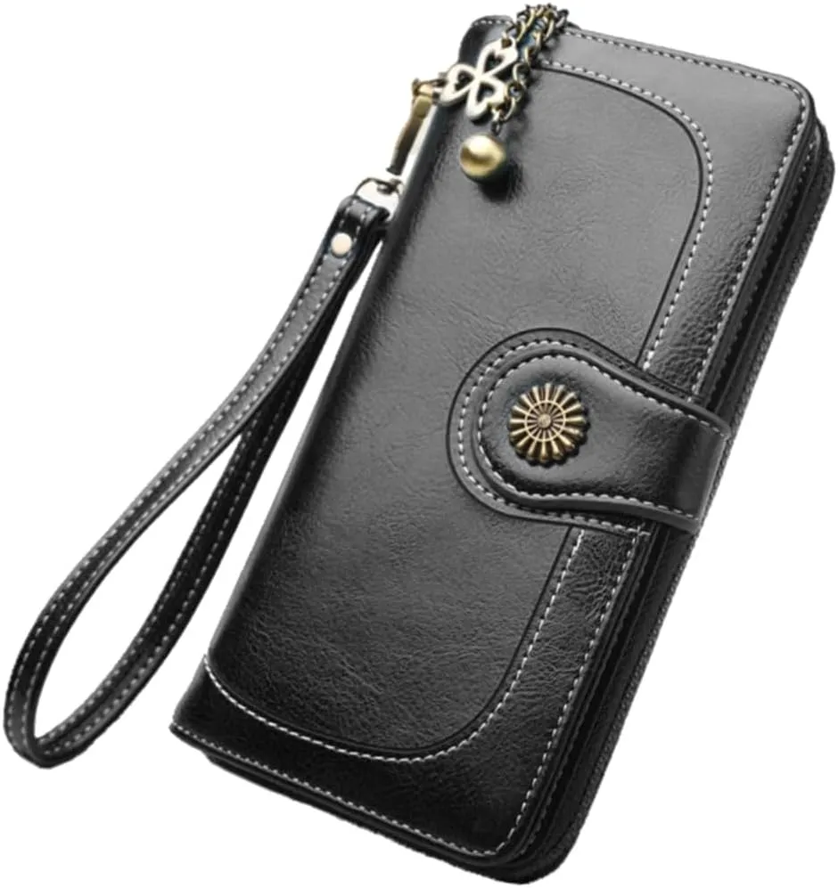 VALICLUD Women's Purse Long Handbag Zipper Oily Wax Leather Clutch Multi-function Wallet for Women