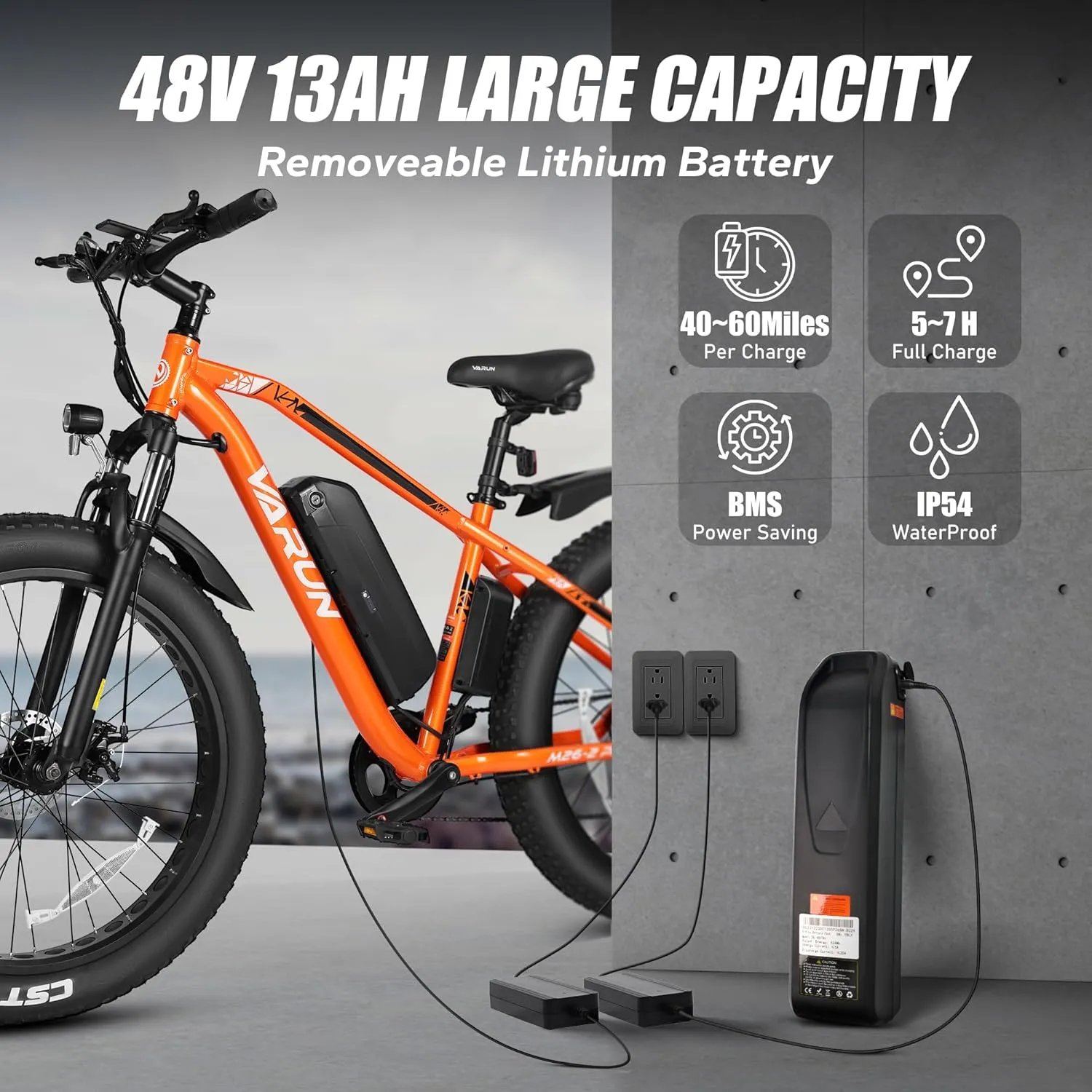 VARUN E Bikes for Men - Peak 750W Ebikes for Adults - Fat Tire Electric Bike Up to 25MPH 60  Miles with 48V 13AH Removable Battery - 26" Electric Mountain Bike Features 7-Speed, Lockable Suspension