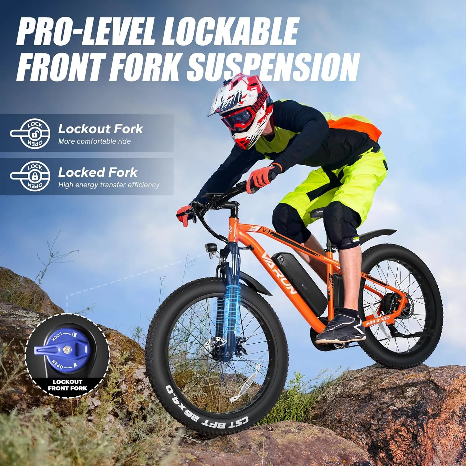 VARUN E Bikes for Men - Peak 750W Ebikes for Adults - Fat Tire Electric Bike Up to 25MPH 60  Miles with 48V 13AH Removable Battery - 26" Electric Mountain Bike Features 7-Speed, Lockable Suspension