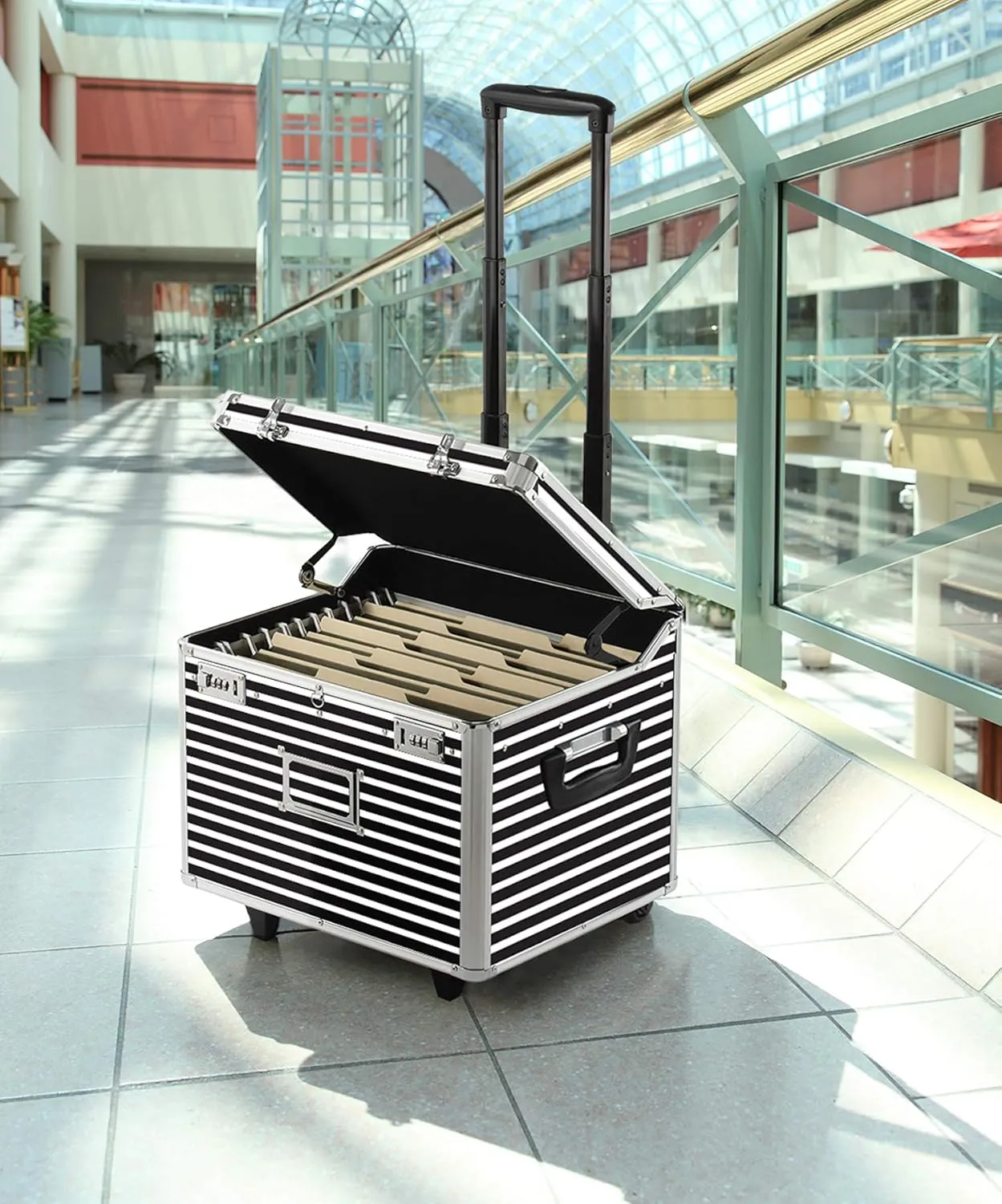 Vaultz VZ00685 Locking Mobile Rolling File Storage Chest, Letter/Legal Wheelie Case, Black/White Stripes