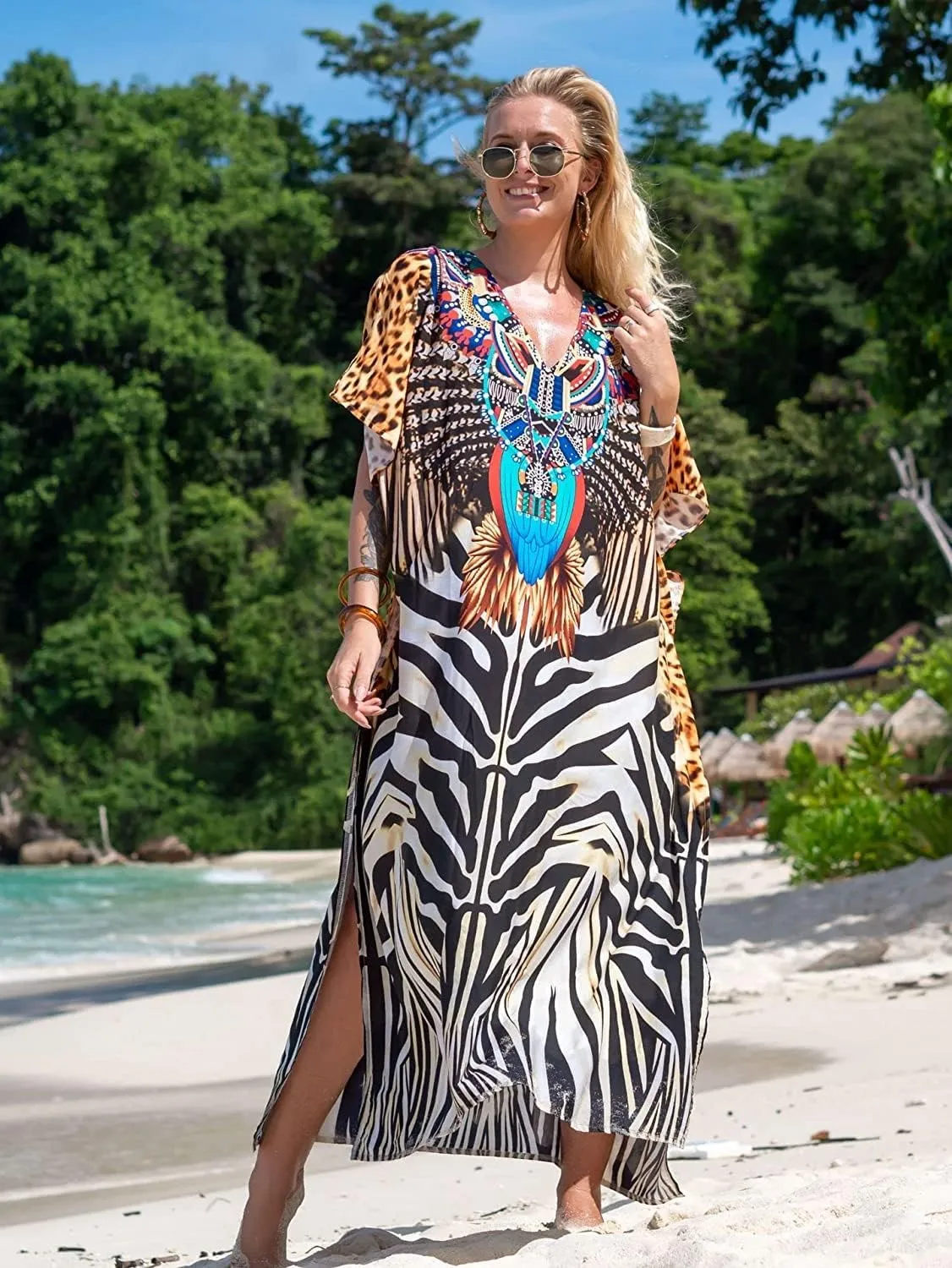 Venasha Womens Caftan Plus Size Kaftans Casual V Neck Caftans Long Soft Beach Maxi Dress for Summer