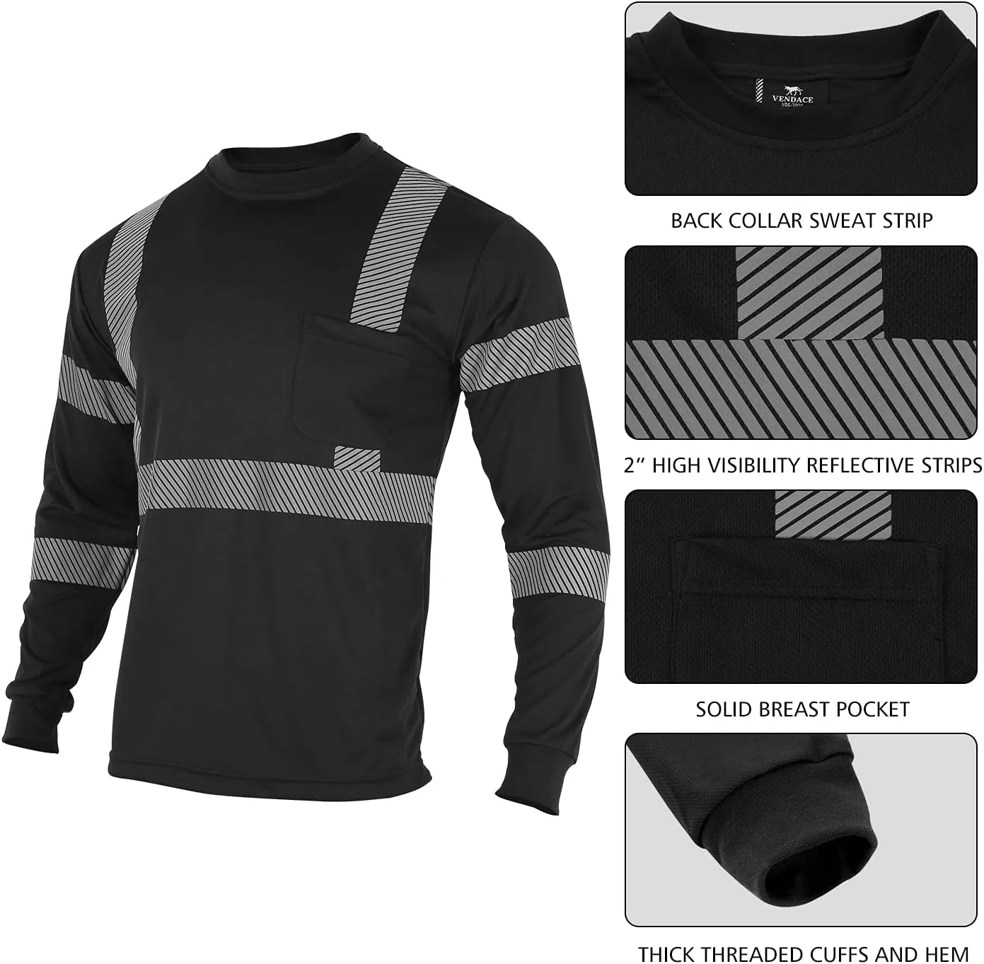 VENDACE Safety Reflective High Visibility Long Sleeve Shirts ANSI Class 3 Hi Vis Construction Work T Shirts for Men