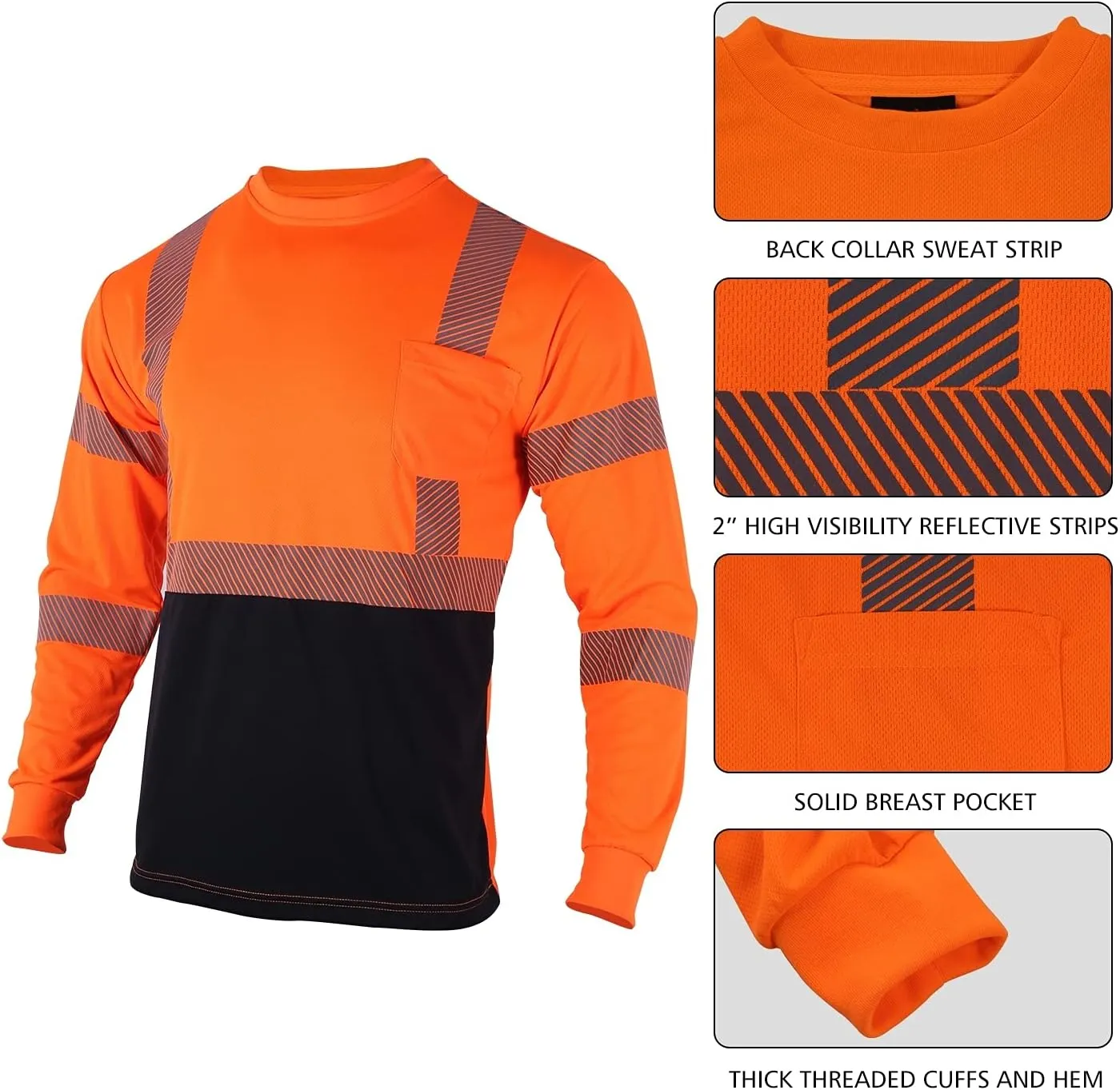 VENDACE Safety Reflective High Visibility Long Sleeve Shirts ANSI Class 3 Hi Vis Construction Work T Shirts for Men