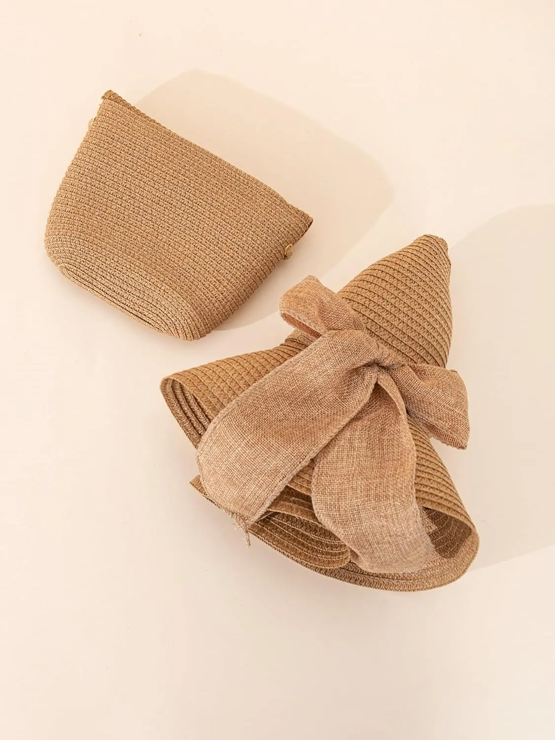 Verdusa Women's Bow Wide Brim Straw Sun Hat and Crossbody Straw Bag Set