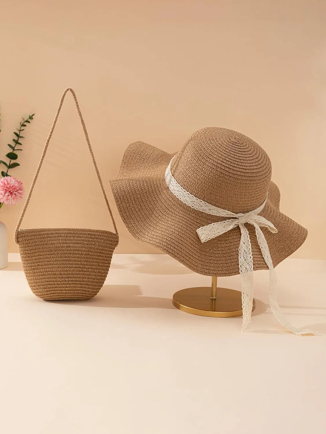Verdusa Women's Bow Wide Brim Straw Sun Hat and Crossbody Straw Bag Set