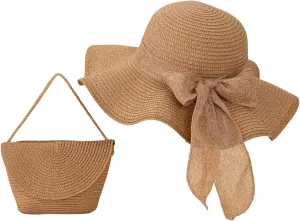 Verdusa Women's Bow Wide Brim Straw Sun Hat and Crossbody Straw Bag Set