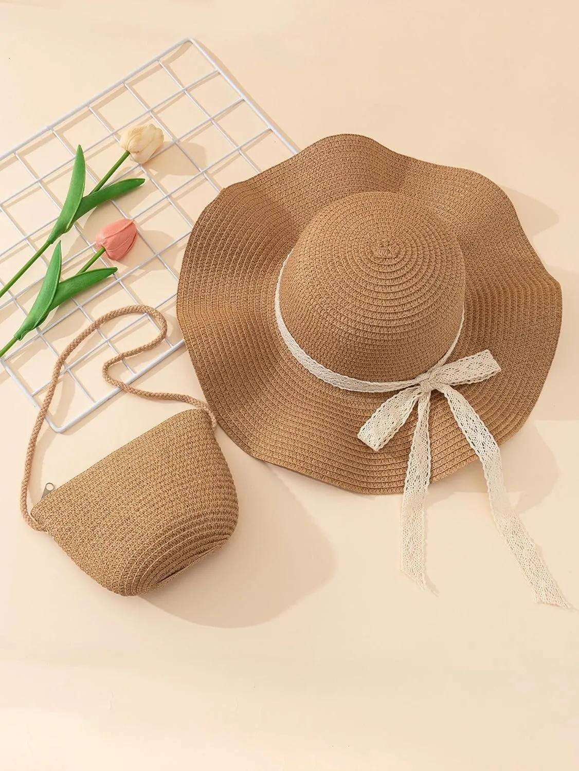 Verdusa Women's Bow Wide Brim Straw Sun Hat and Crossbody Straw Bag Set