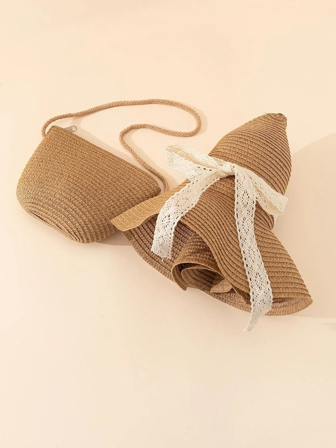 Verdusa Women's Bow Wide Brim Straw Sun Hat and Crossbody Straw Bag Set