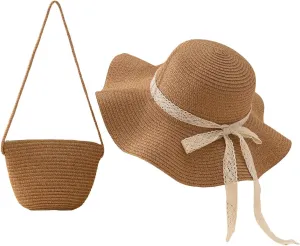 Verdusa Women's Bow Wide Brim Straw Sun Hat and Crossbody Straw Bag Set