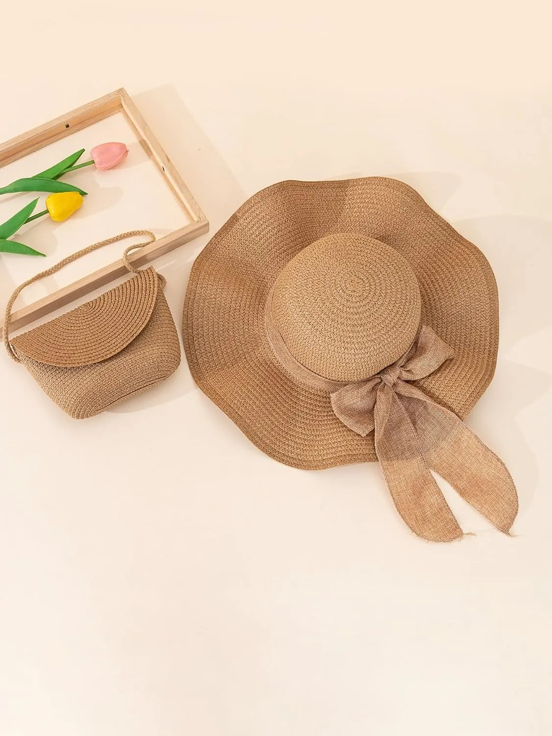Verdusa Women's Bow Wide Brim Straw Sun Hat and Crossbody Straw Bag Set