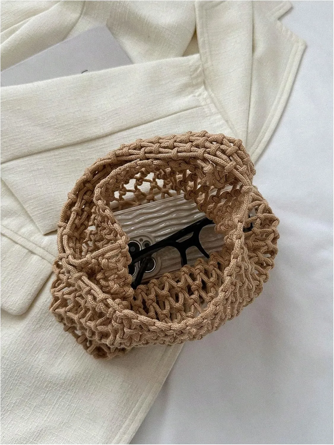 Verdusa Women's Crochet Top Handle Satchel Handbags Hollow Out Beach Clutch Purses