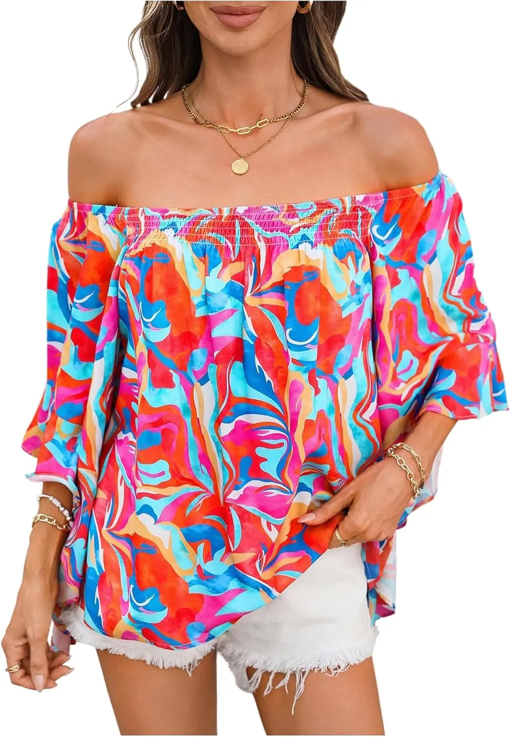 Verdusa Women's Off Shoulder Shirred Half Sleeve Loose Striped Blouse Shirt Top