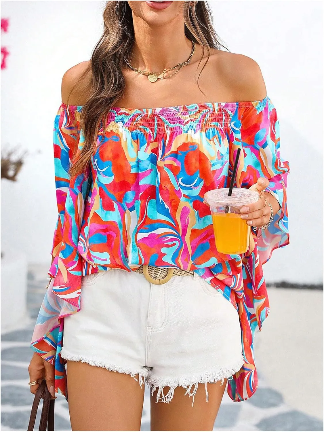 Verdusa Women's Off Shoulder Shirred Half Sleeve Loose Striped Blouse Shirt Top