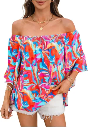 Verdusa Women's Off Shoulder Shirred Half Sleeve Loose Striped Blouse Shirt Top