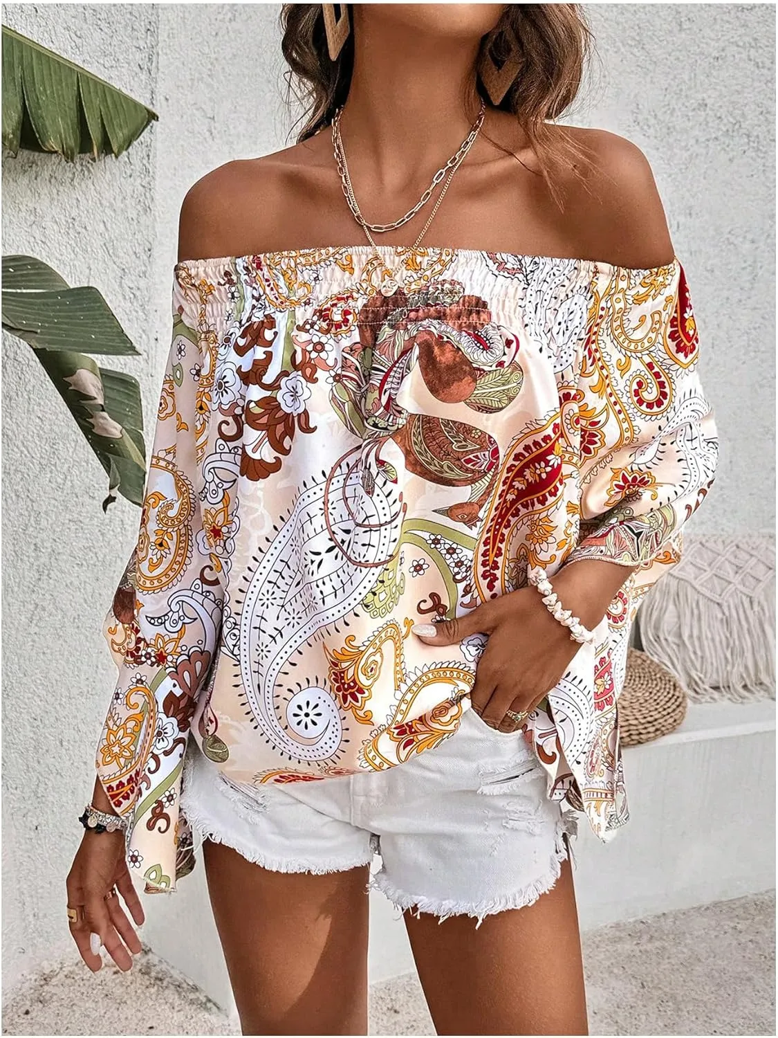 Verdusa Women's Off Shoulder Shirred Half Sleeve Loose Striped Blouse Shirt Top