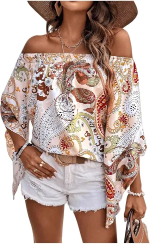 Verdusa Women's Off Shoulder Shirred Half Sleeve Loose Striped Blouse Shirt Top