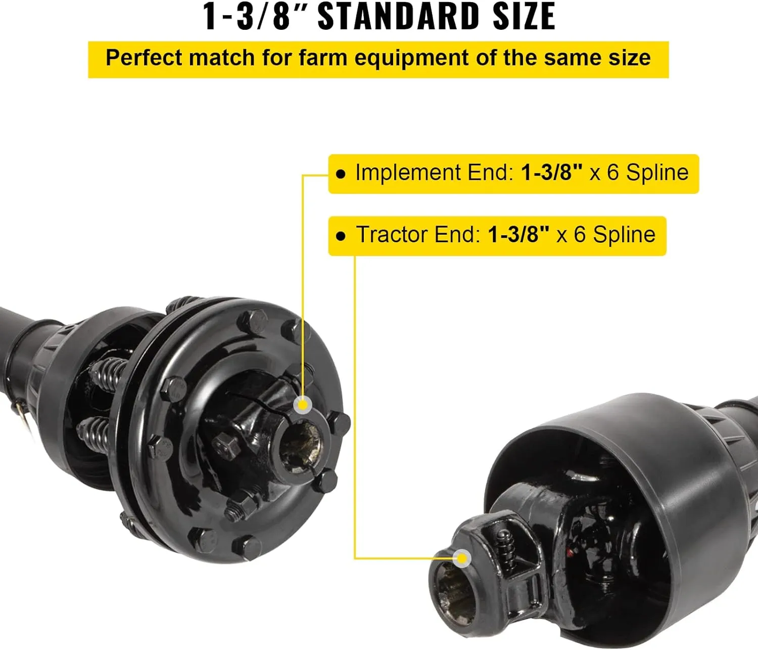 VEVOR PTO Shaft, 1-3/8" PTO Drive Shaft, 6 Spline Both Ends PTO Driveline Shaft, Series 5 Tractor PTO Shaft, 43"-57" Brush Hog PTO Shaft, Black PTO Shaft w/Slip Clutch for Bush Hog/Finish Mower