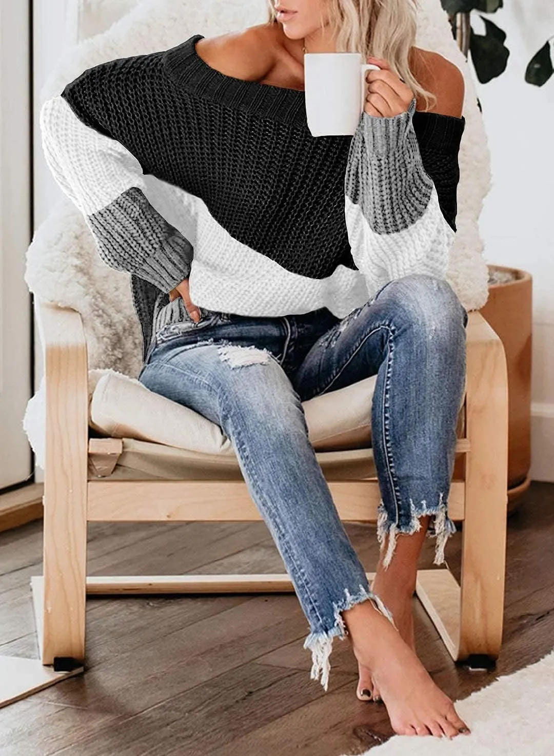 VIMPUNEC Womens Oversized Sweater Color Block Off The Shoulder Pullover Sweaters Cable Knit Chunky Striped Tops