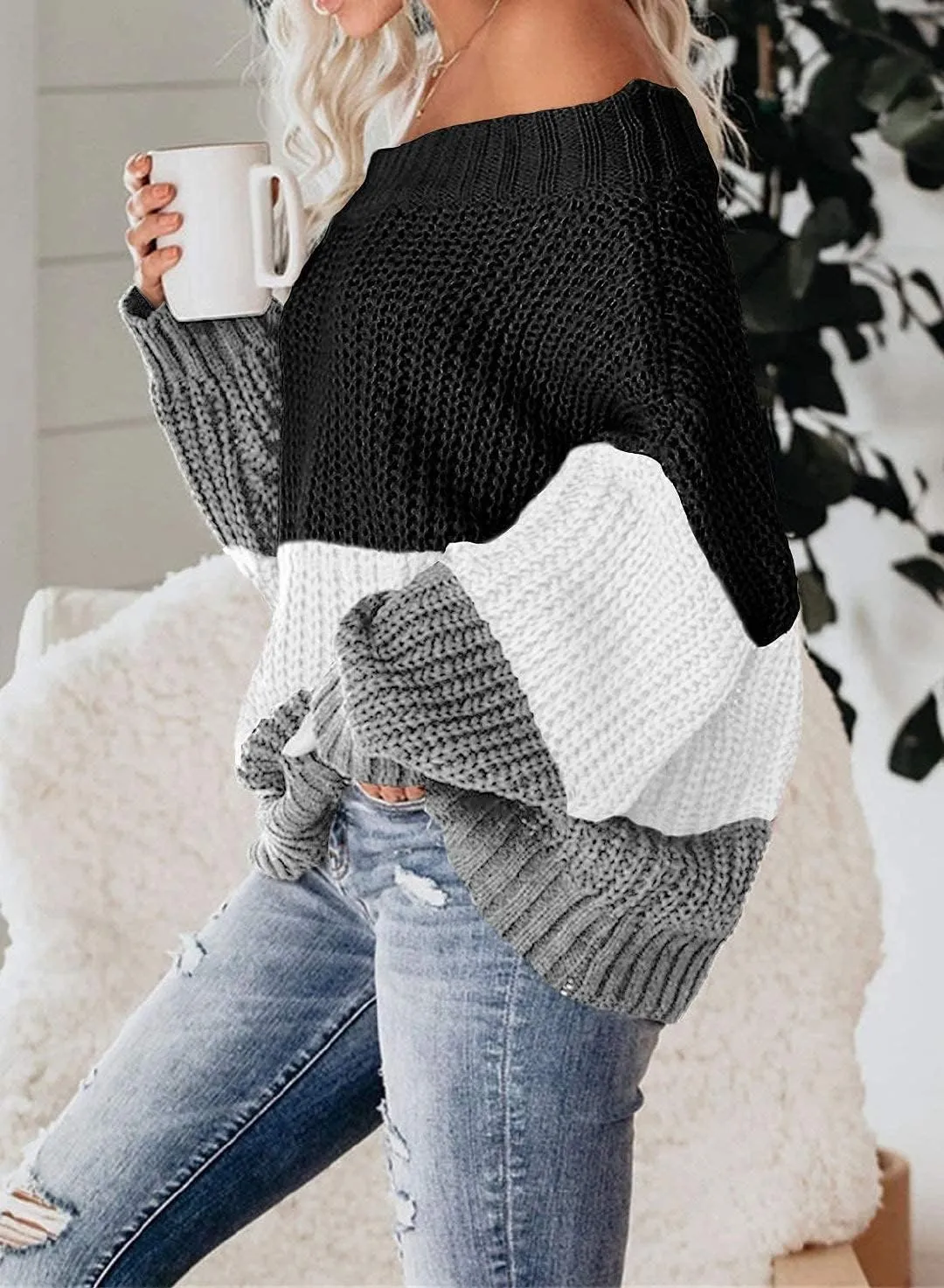 VIMPUNEC Womens Oversized Sweater Color Block Off The Shoulder Pullover Sweaters Cable Knit Chunky Striped Tops
