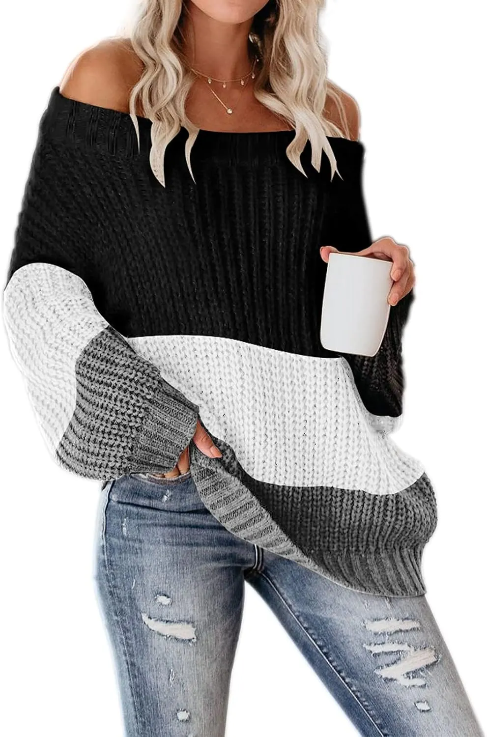 VIMPUNEC Womens Oversized Sweater Color Block Off The Shoulder Pullover Sweaters Cable Knit Chunky Striped Tops