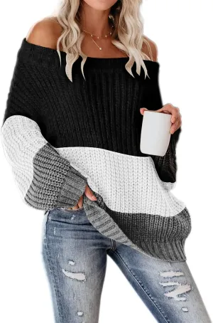 VIMPUNEC Womens Oversized Sweater Color Block Off The Shoulder Pullover Sweaters Cable Knit Chunky Striped Tops
