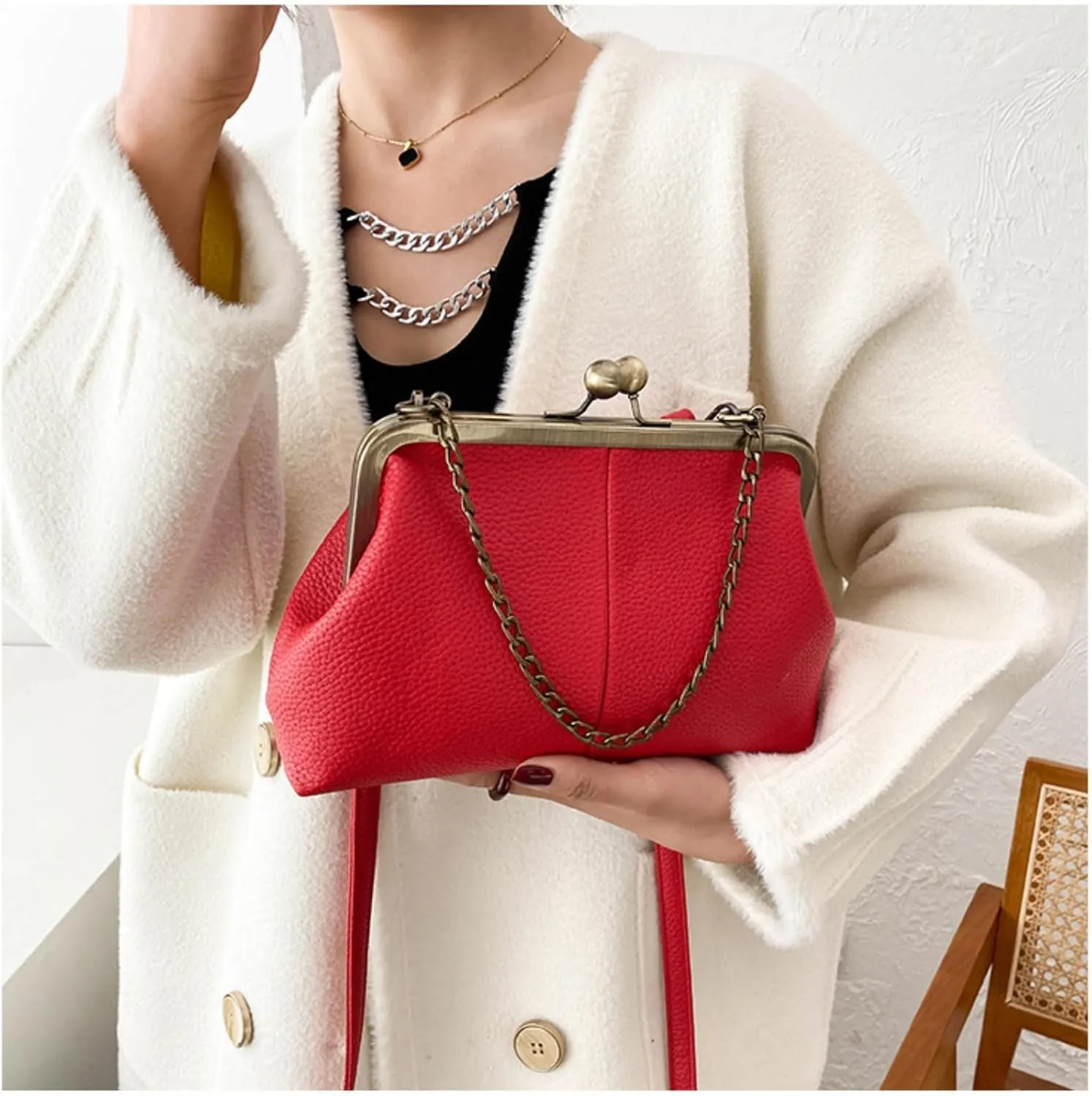 Vintage Kiss Lock Tote Women 2025 Clasp Clutch PU Leather Purse Crossbody Shoulder Bag Everyday Chic Messenger Handbag
